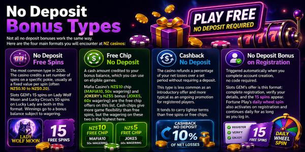 No deposit bonus types banner showing free spins, free chip, cashback and registration bonuses for NZ online casinos